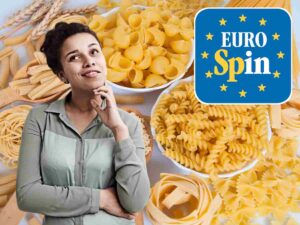 vari tipi di pasta, una donna che pensa e il logo eurospin