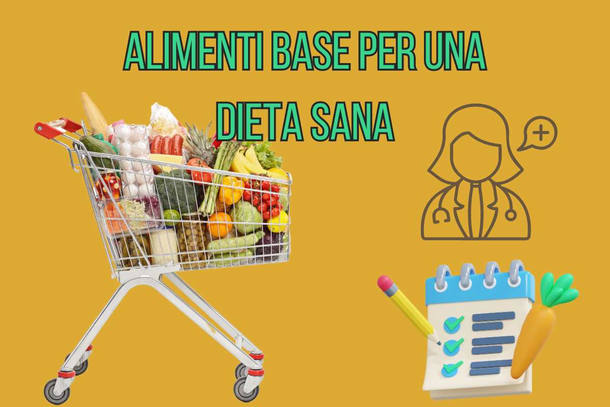 Carrello della spesa contenente gli alimenti base per una dieta sana