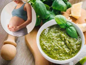 Pesto di basilico e nel tondo una donna incinta