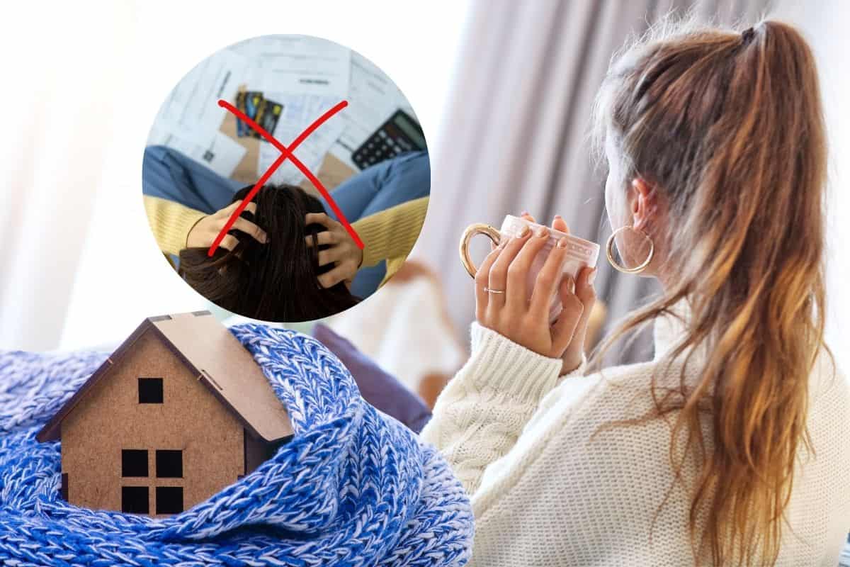 Ragazza che beve al caldo in casa con una casa in legno coperta da una sciarpa