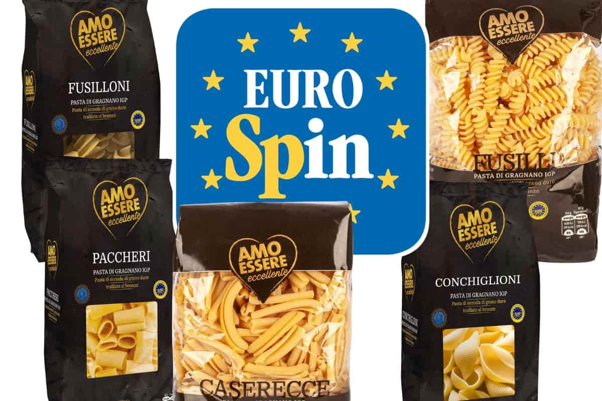 Logo Eurospin con vari pacchi di pasta Amo Essere Eccellente