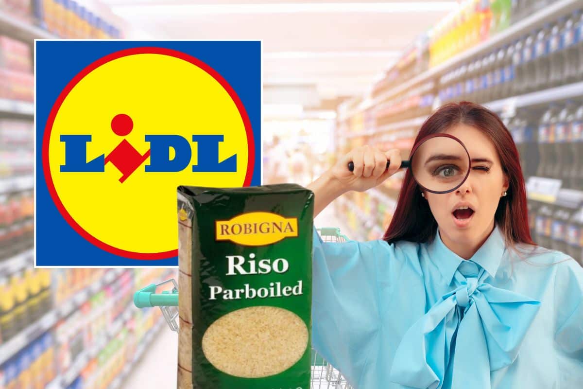 Sfondo corsia di un supermercato, con logo lidl, riso Robigna e donna con lente ingrandimento stupita