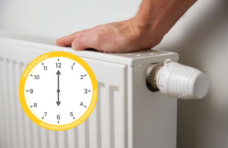 termosifone con una mano che sente se sia caldo e orologio giallo che segna le 6 di mattina