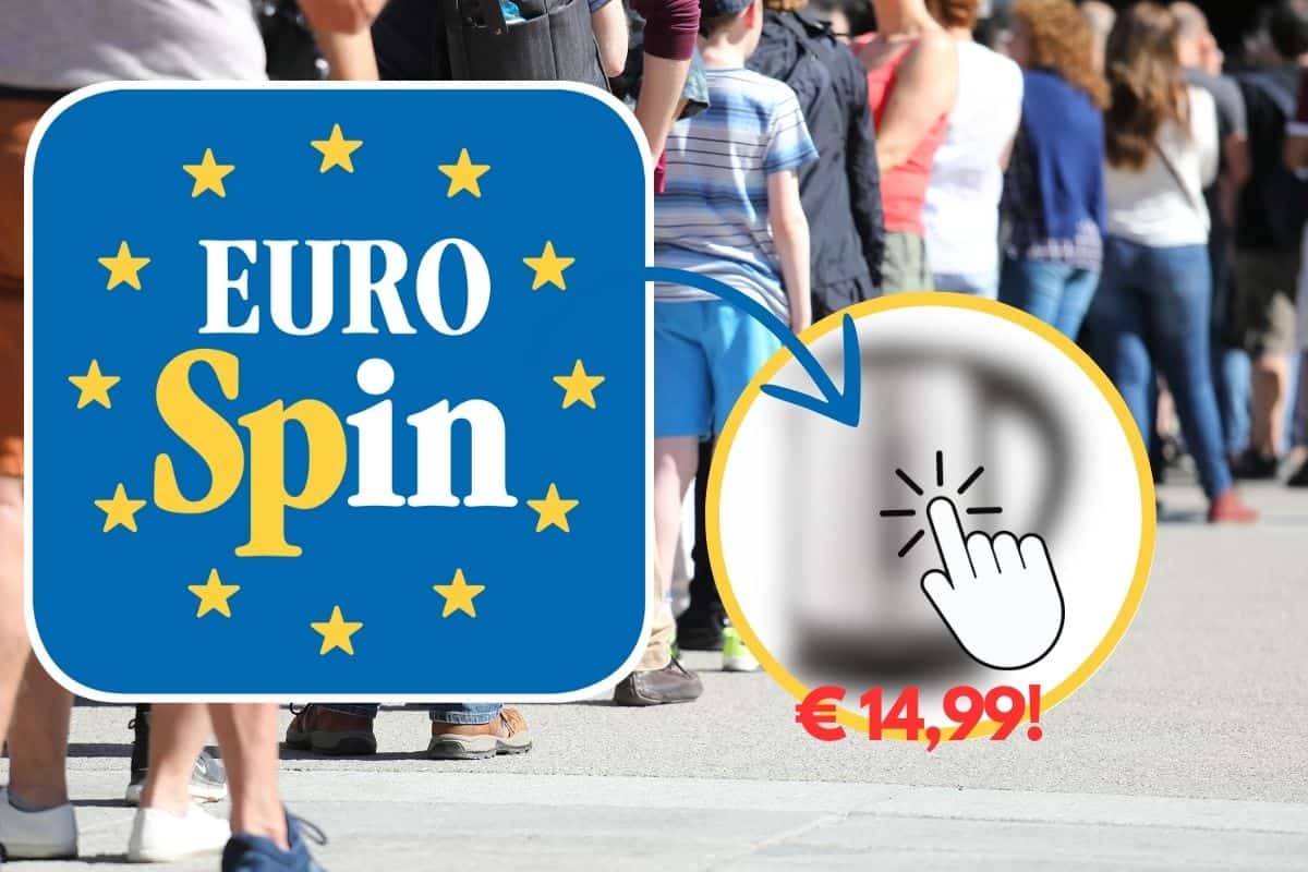 Logo Eurospin, con persone in fila